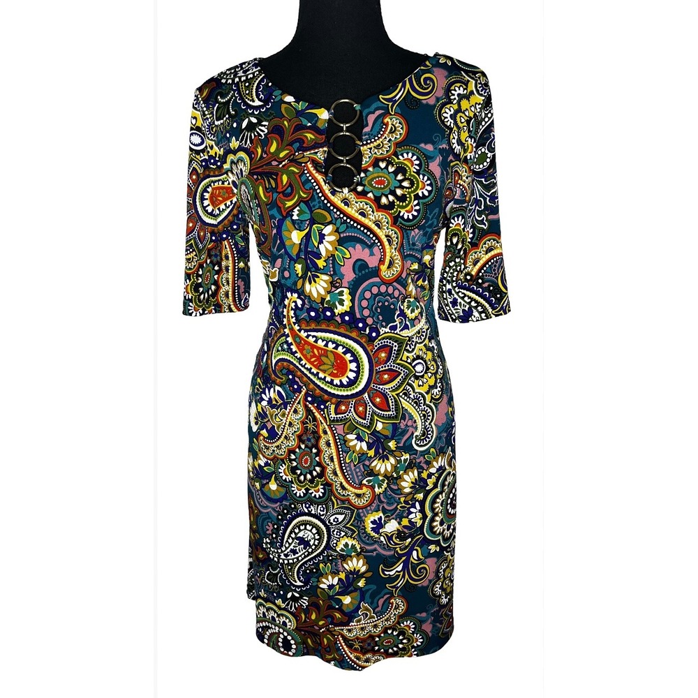 MSK Paisley Print Sheath Dress Gold Rings Detail Career Party Small‎